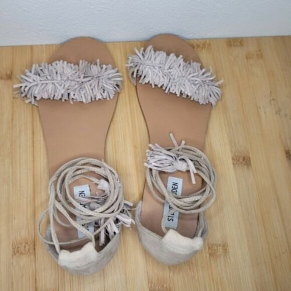 Steve Madden "Alaine" Fringe Flat Sandals Size 9 Beige Wrap Tie Leather Boho - Picture 5 of 8